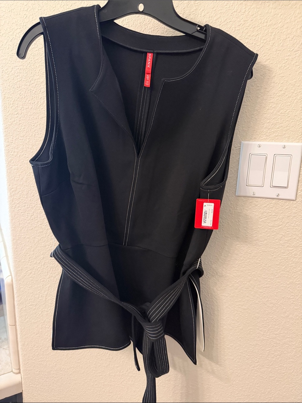 Black Sleeveless Wrap Top with Contrast Stitching - spanx